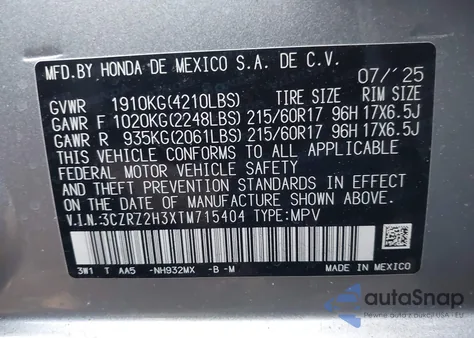 2026 Honda Hr-V Awd Lx from USA, damaged, VIN 3CZRZ2H3XTM715404